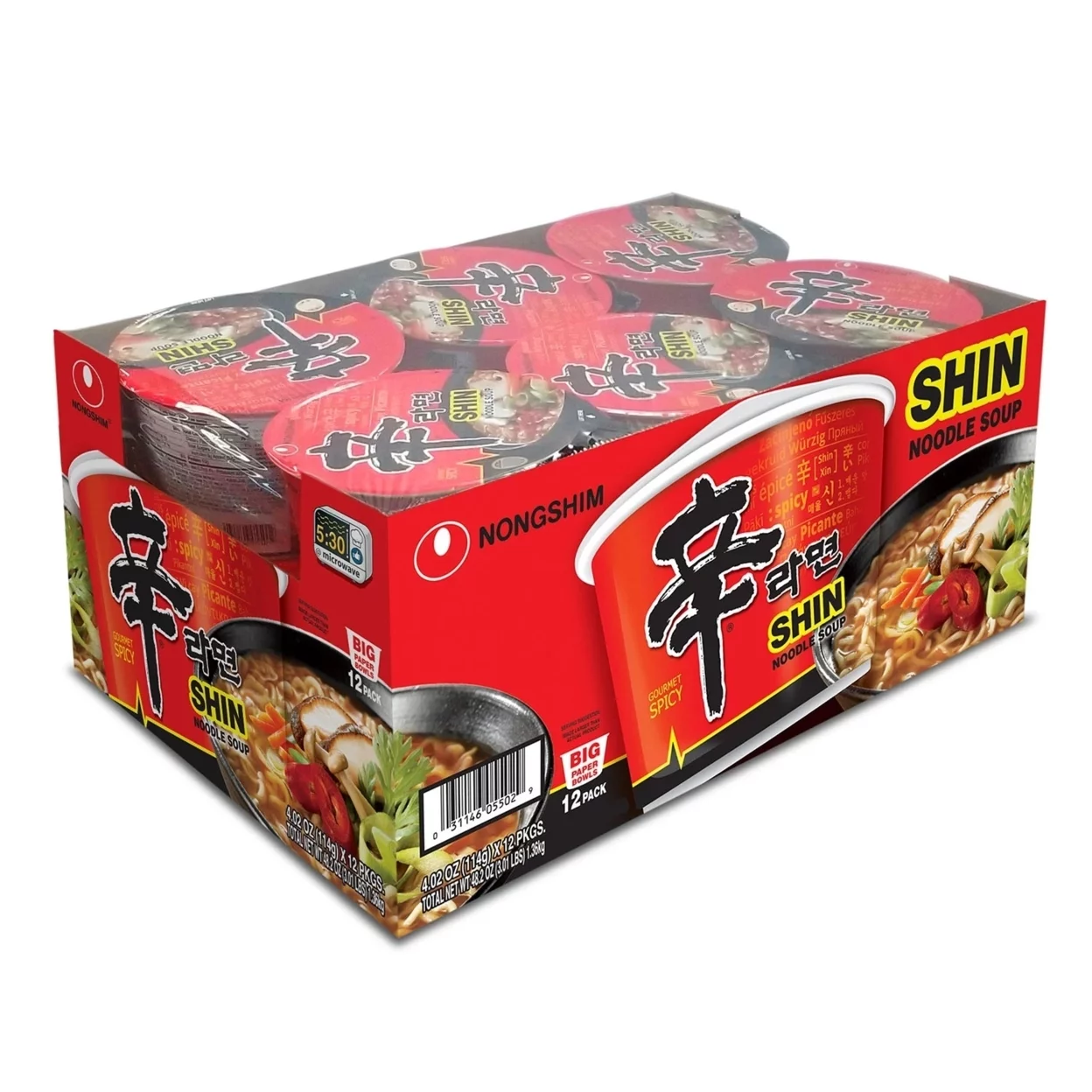 Nongshim Shin Ramyun Spicy Beef Ramen Noodle Soup, 4.02 Ounce (Pack of 12)