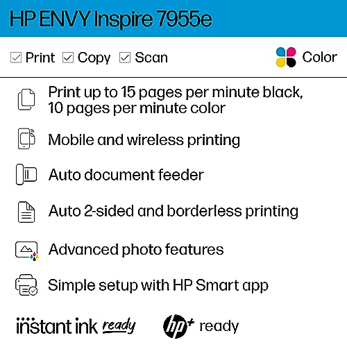 HP ENVY Inspire 7955e Wireless Color Inkjet Printer, Print, scan, copy, Easy setup, Mobile printing, Best-for home, 3 month Instant Ink trial included, White