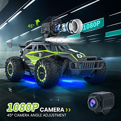 DEERC DE65 Remote Control Car with 1080P HD Camera,1:16 Scale RC Cars with LED Chassis Light&Headlights, 2.4Ghz High Speed Monster Truck Toy Vehicle, 2 Batteries for 60 Mins Play, Gift for Kids Boys