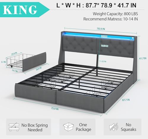 Queen Bed Frame with 2 Storage Drawers, Platform Bed Frame Queen Size with LED Light, Upholstered Headboard, Charging Station, Steel Slat Support, No Box Spring Needed, Noise-Free, Easy Assembly, Gray