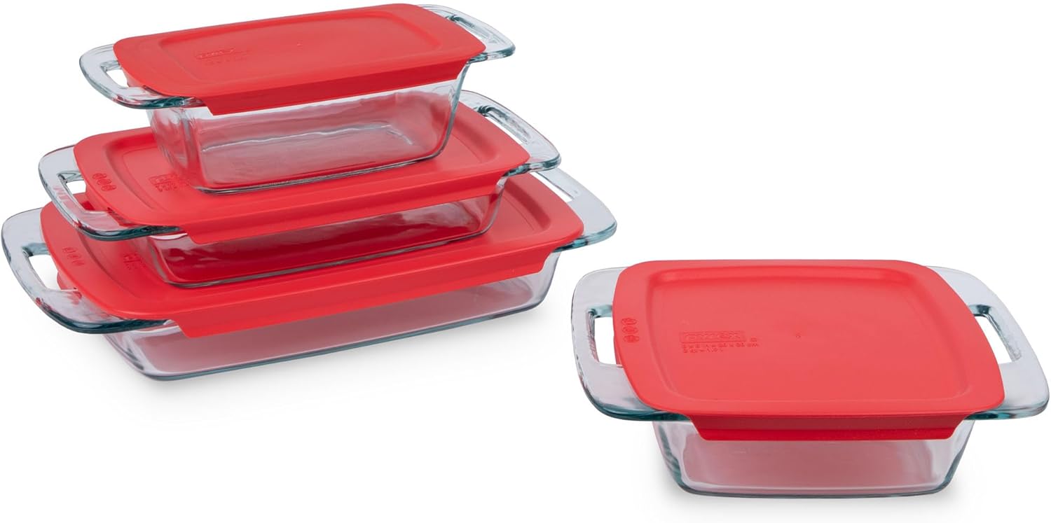 Pyrex Easy Grab 8-Piece Glass Baking Dishes With Lids, (1.5 QT, 2 QT, 3 QT, 8 INCH) Bakeware Sets, Freezer and Microwave Safe