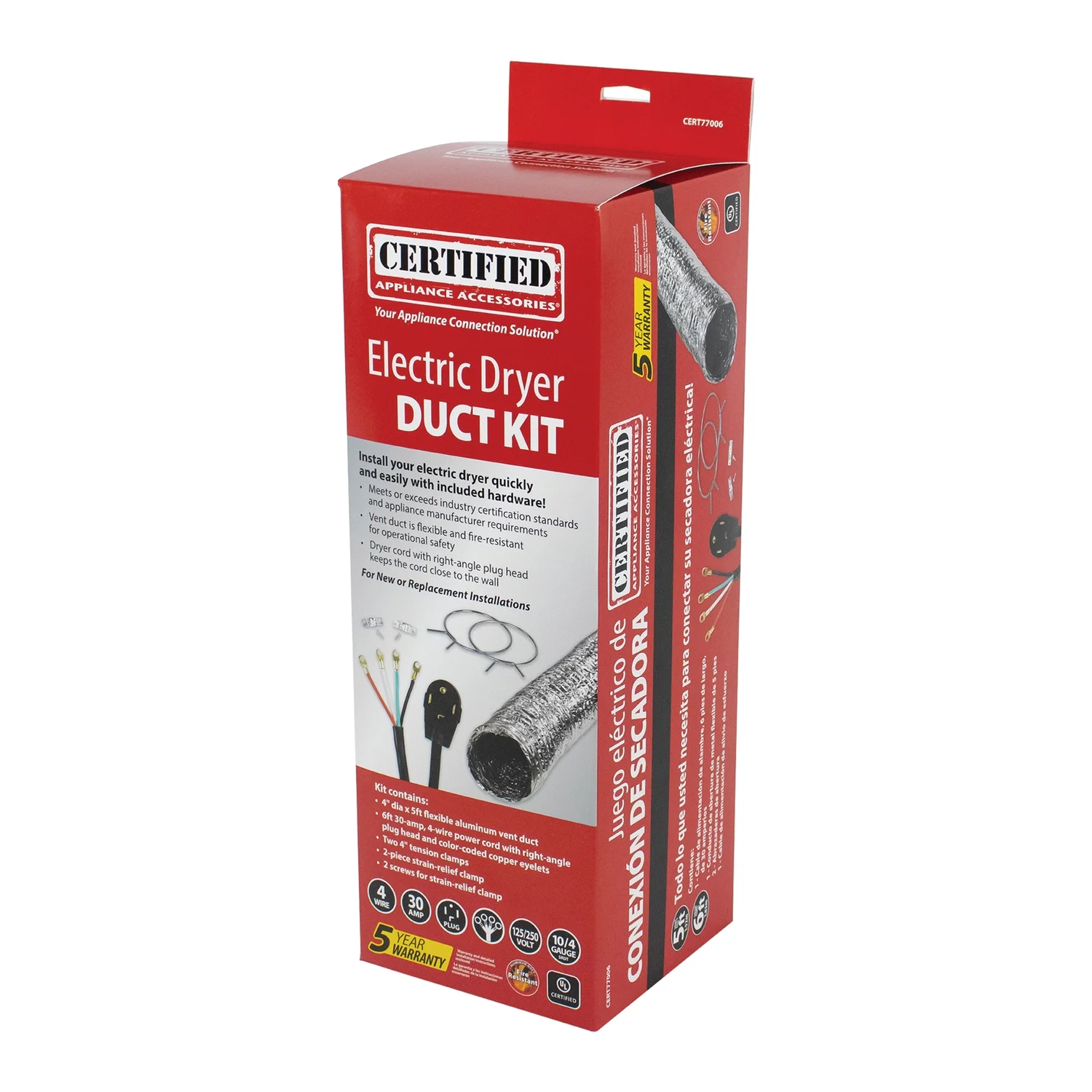 Certified Appliance Accessories Electric Dryer Flex Duct Kit with 4-Wire 30-Amp 6ft Cord, CERT77006
