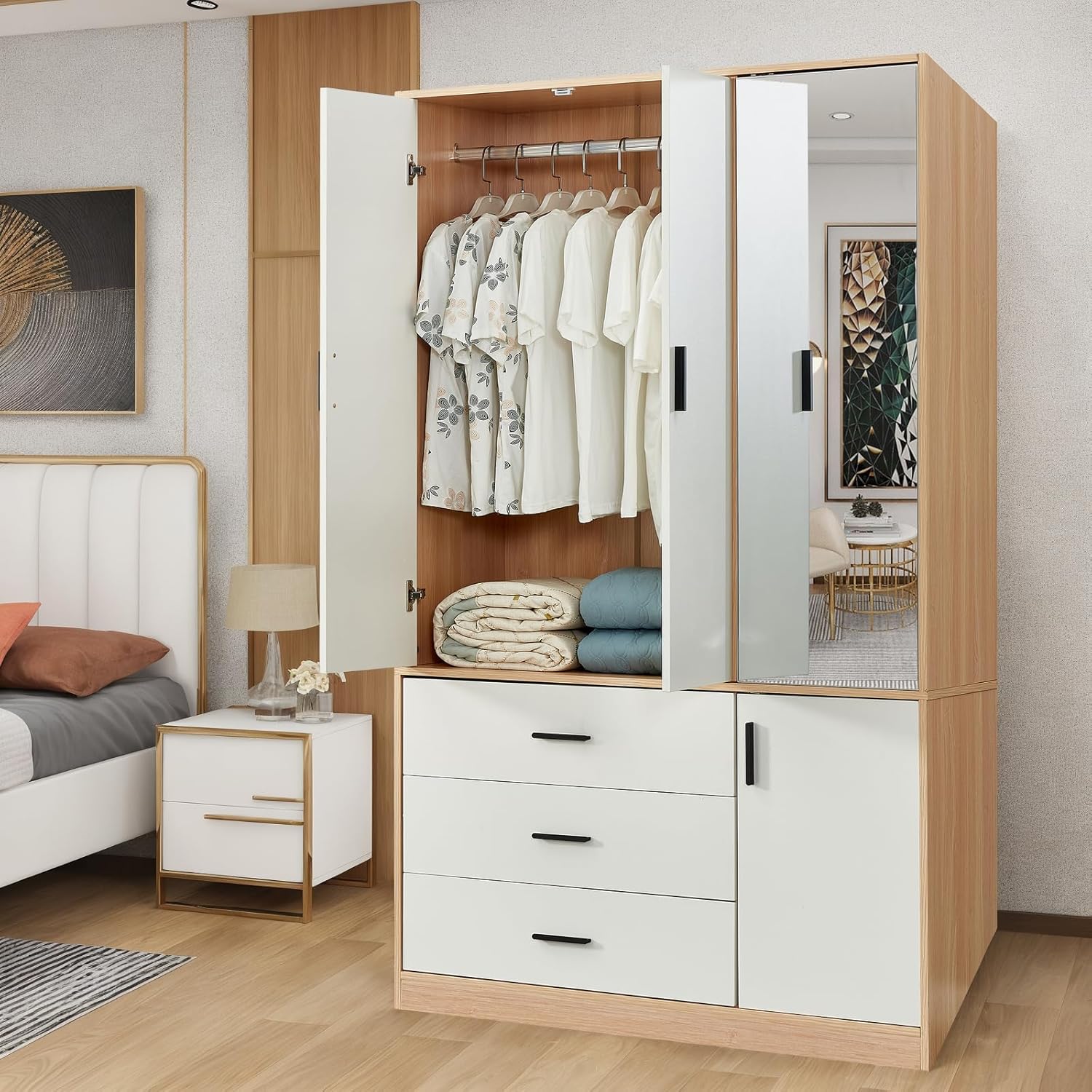 Wardrobe Closet, Armoire Wardrobe Closet with 3 Drawers, Bedroom Armoires with 2 Doors, Closet Cabinet with a Mirror, Wardrobe Closet with a Big Storage Cabinet, Wooden Closet for Bedroom
