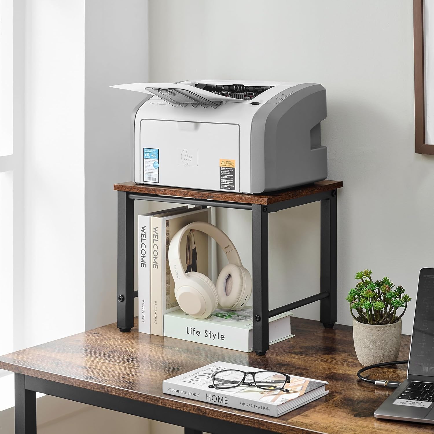 Small Printer Stand, Printer Table for Home Office, Printer Shelf with Adjustable Anti-Skid Feet, Desktop Printer Stand for Desk, Under Desk Printer Stand for Printer, Fax Machine & Scanner