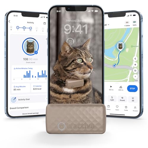 Tractive Smart Cat GPS Tracker | Real-Time Location & Wellness Monitoring for Cats 6.5 lbs+ | Territory & Location History | Up to 5-Day Battery | Breakaway Collar Included (Brown)