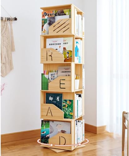 Rotating Wooden Bookshelf 360° Storage Display Rack Corner Bookcase Floor Standing Open Shelves for Living Room Organizer Decor