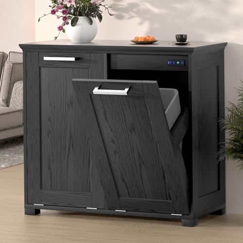 Wooden Tilt Out Trash Cabinet, Hidden Trash Can Cabinet 10-Gallon Garbage Cabinet for Kitchen, Living Room & Bathroom White Finish