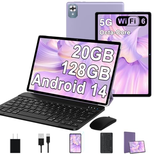 2025 Android 14 Tablet with Keyboard 20GB+128GB+1TB Expand, 10.1 Inch Octa-Core 2-in-1 Tablets with HD IPS Display, 5G WiFi 6, 6000mAh Battery, BT5.0, Split Screen, Widevine L1, Mouse, Case -Black