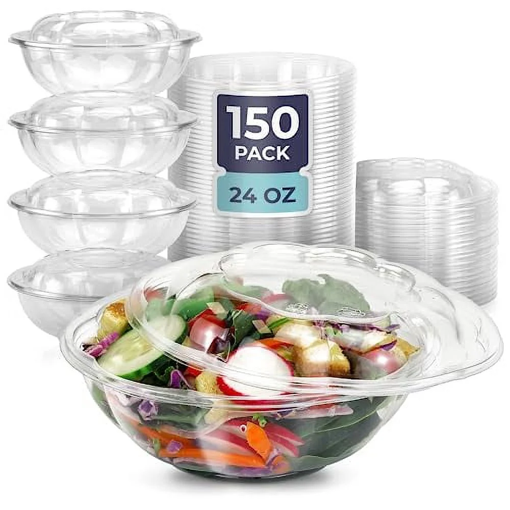 Fit Meal Prep 150 Pack 24 oz Clear Plastic Salad Bowls with Airtight Lids, Disposable To Go Salad Containers for Lunch, Meal, Party, BPA Free Clear Bowl for Acai, Green Salad, Fruits, Nuts