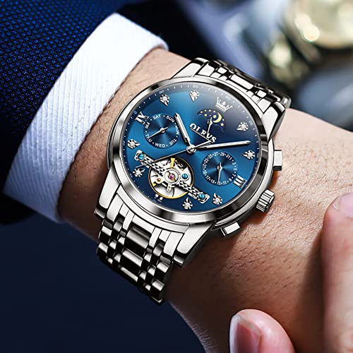 OLEVS Automatic Watches for Men Diamond Luxury Dress Tourbillion Moon Phase Two Tone Stainless Steel Luminous Waterproof Men Wrist Watch