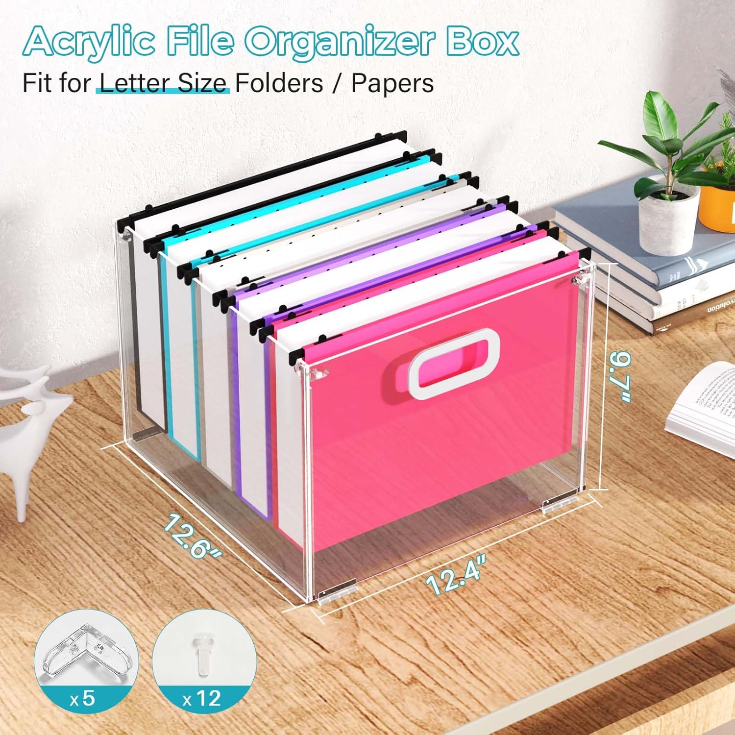 Acrylic File Box Organizer,Hanging Folder Storage Boxes,Desktop Hanging File Organizer,Clear Filing Crate Holder with Handle for Home Office, Letter Size