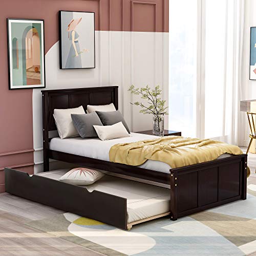 Merax Modern Wood Low Platform Bed Frame with Headboard and Footboards/Wood Slat Support, No Box Spring Needed/Easy Assembly, Twin Espresso