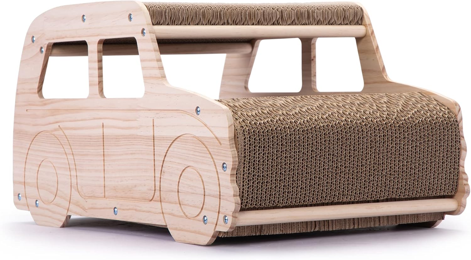 2-in-1 Wood Corrugated Cat Scratcher - Reversible Car-Shaped Cat House and Scratch Furniture Protector, Natural Pine Board, Durable Cardboard, Easy Assembly, Supports up to 33 lbs