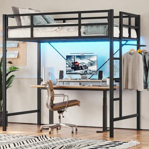 DICTAC Loft Bed Twin Size with Ladder and Guardrail,Metal Twin Loft Bed with Led Lights,Small Space Saving Furniture Design for Bedroom,Kid Room and Dorm,No Box Spring Needed, White