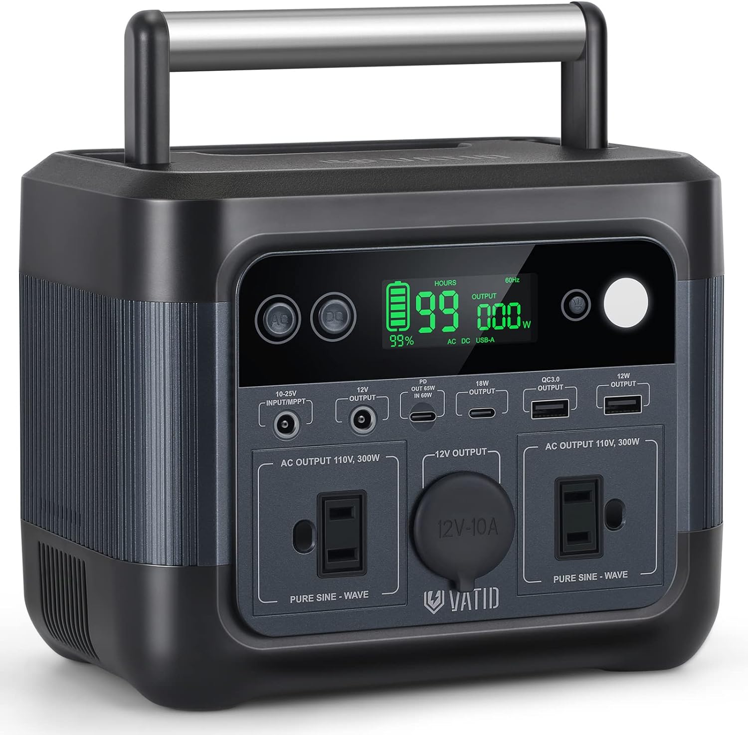 VATID Portable Power Station,600W 518Wh Solar Power Station,110V AC,12V Regulated DC,3.5hrs 100% Recharge,Pure Sine Wave,65W USB PD Rechargeable Power Station