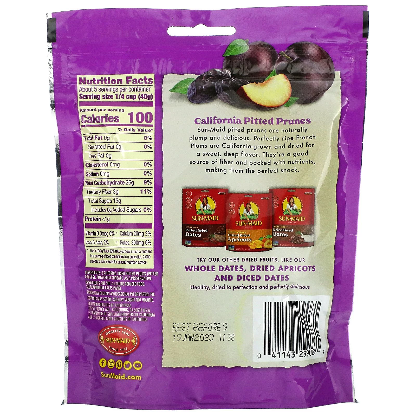 Sun-Maid, California Whole Pitted Prunes, Dried Plums, 7 oz Pack of 3