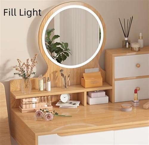 Dressing Table for Small Space, Vanity Desk Makeup Vanity Table with Lighted Mirror Vanity Set with Wood Desktop(Natural)