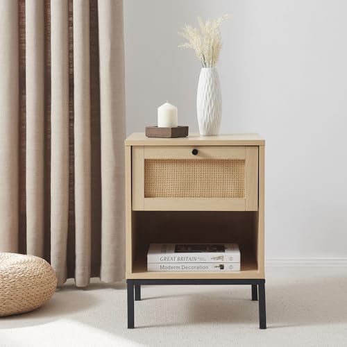 Nestl Night Stand, 1-Drawer Bedside Table for Bedroom Storage, Bedroom Essentials, Wood Rattan Nightstand, Living Room Side Table, Modern End Table, Bedroom Furniture - 1 Piece, Black