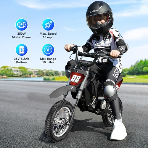 36V 350W Kids Electric Dirt Bike - Fast Speed Electric Motorcycle Up to 16 MPH & 10 Miles Long-Range, 3-Speed Modes, Twist Grip Throttle, Dual Suspension & Brakes for Kids Ages 5-8