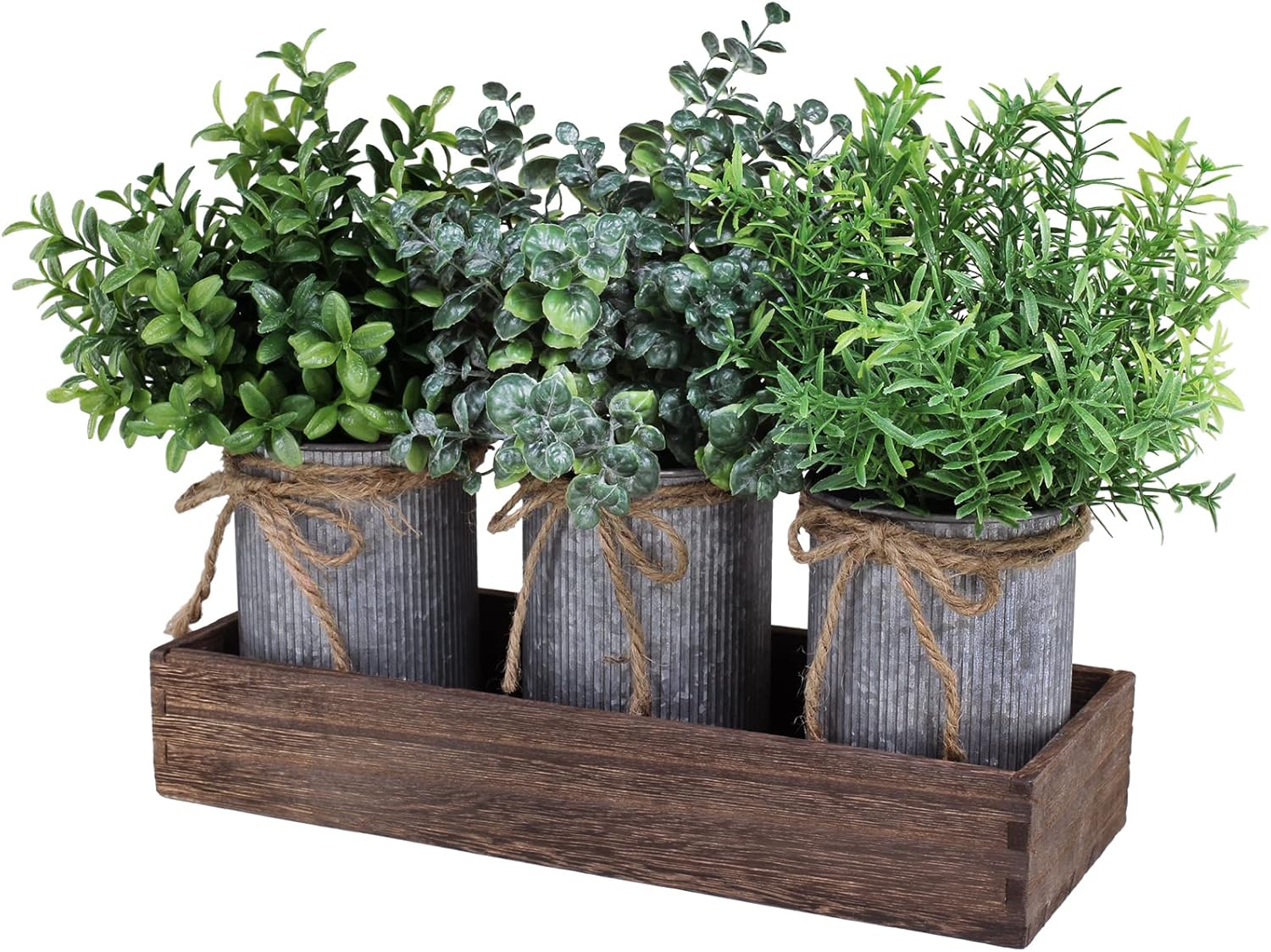 Set of 3 Mini Potted Plants Arrangement Faux Boxwood Eucalyptus Rosemary Plants in Rustic Galvanized Metal Pots with Rectangle Wood Box for Farmhouse Table Centerpiece Mantel Kitchen Greenery Decor