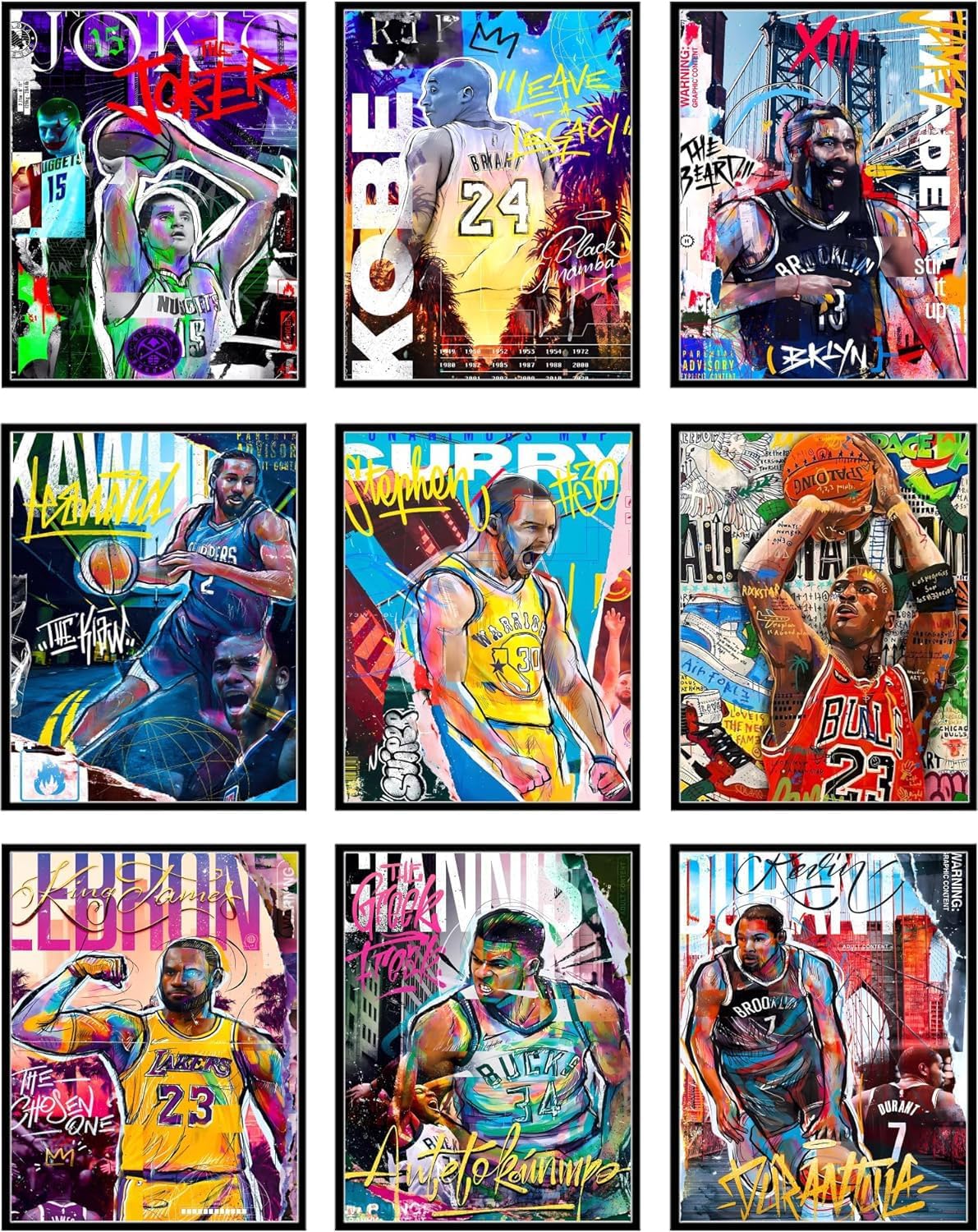 RMISODO Basketball Stars Wall Art, Prints Basketball Sports Poster, Kobe Byrant Curry James Lebron James Steph Harden Kevin Durant - Set of 9 (Unframed 8