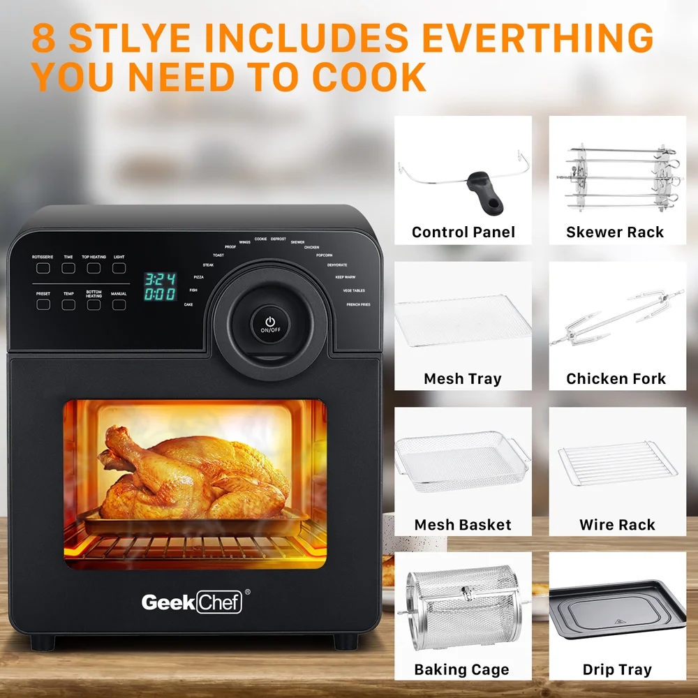 16-in-1 Air Fryer Oven, 15QT Toaster Oven Air Fryer Combo, with Rotisserie and Dehydrator and 8 Accessories