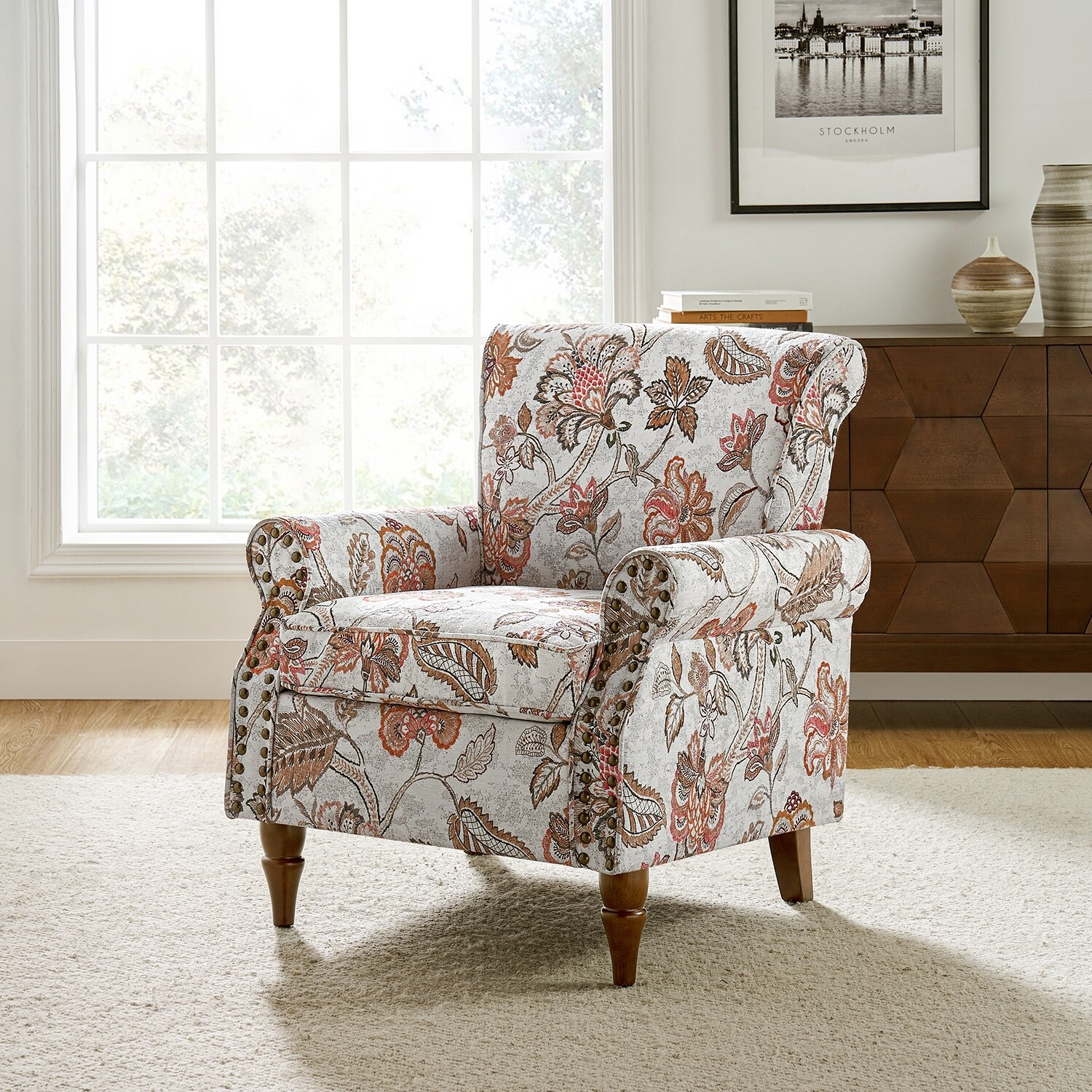 HULALA HOME Nyctelius Traditional Accent Armchair with Rolled Arms and Nailhead Trim by  PINK Floral