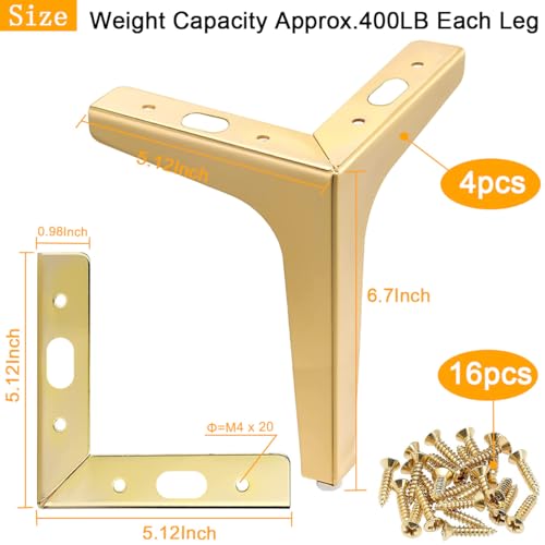 Metal Furniture Legs 7Inch, 4 PCS Triangle Furniture Feet Modern Style Furniture Sofa Legs, Heavy Duty Replacement Gold Legs for Cabinet, Cupboard, Table, Sofa, Couch Chair