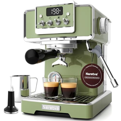 Neretva Espresso Coffee Machine, Professional Espresso Machine with Pressure Gauge 15Bar Retro Espresso Maker with Power Milk Frother Stainless Steel for Home Barista Latte and Cappuccino Maker-Green