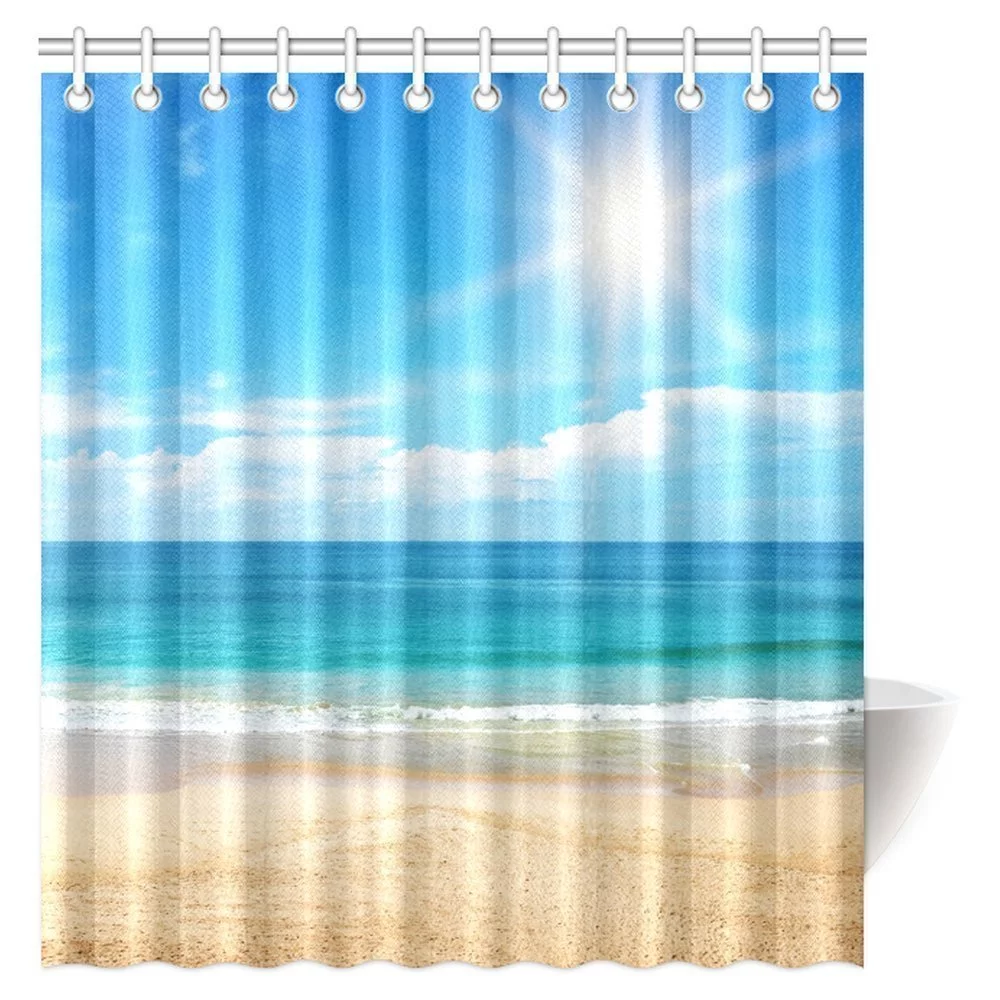 MYPOP Nautical Coastal Seascape Ocean Decor Shower Curtain, Colorful Summer Beach Sand in Hawaiian Sunset Seashore Clear Sky Bathroom Set with Hooks, 66 X 72 Inches
