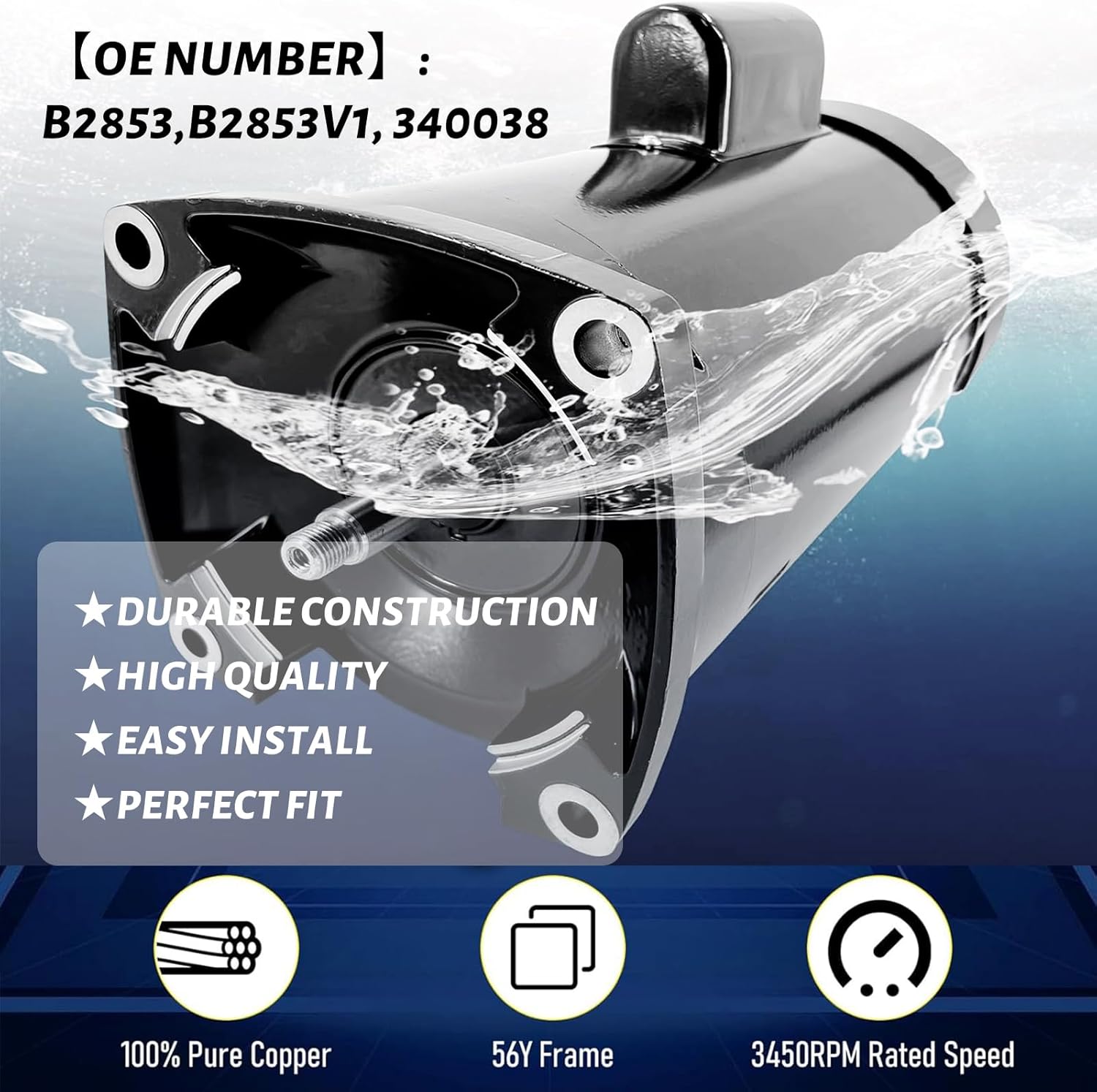 B2853 Pool Pump Motor 1HP Fits for Sta-Rite, Hydro-Tech, Premier, Aquaflo, Red jacket, Sears, Pac Fab and Pentair Pumps. 230/115V, for 56Y Frame, Square Flange Pool Motor