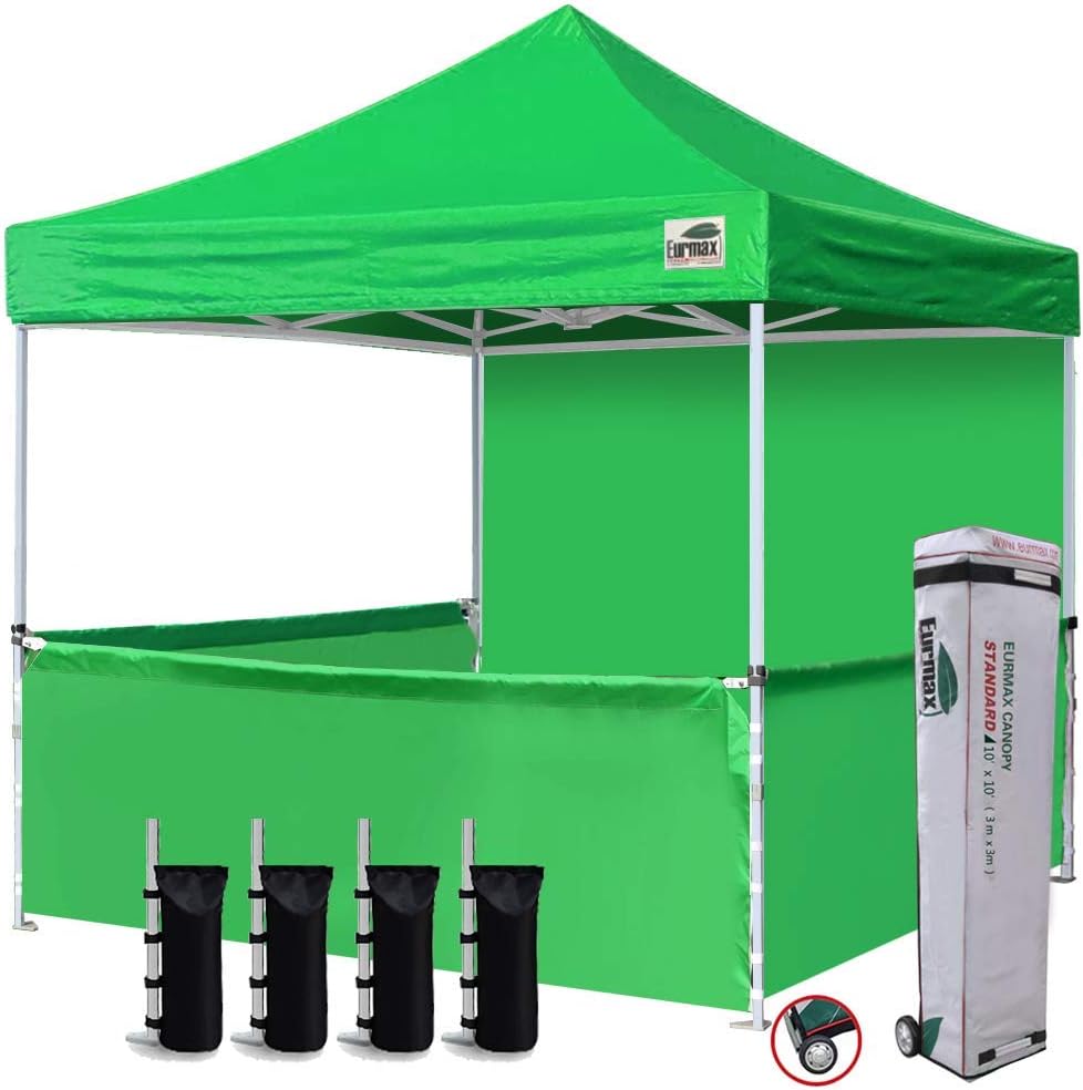 Eurmax USA 10'x10' Ez Pop-up Booth Canopy Tent Commercial Instant Canopies with 1 Full Sidewall & 3 Half Walls and Roller Bag, with 4 SandBags + 3 Cross-Bar (Grey)