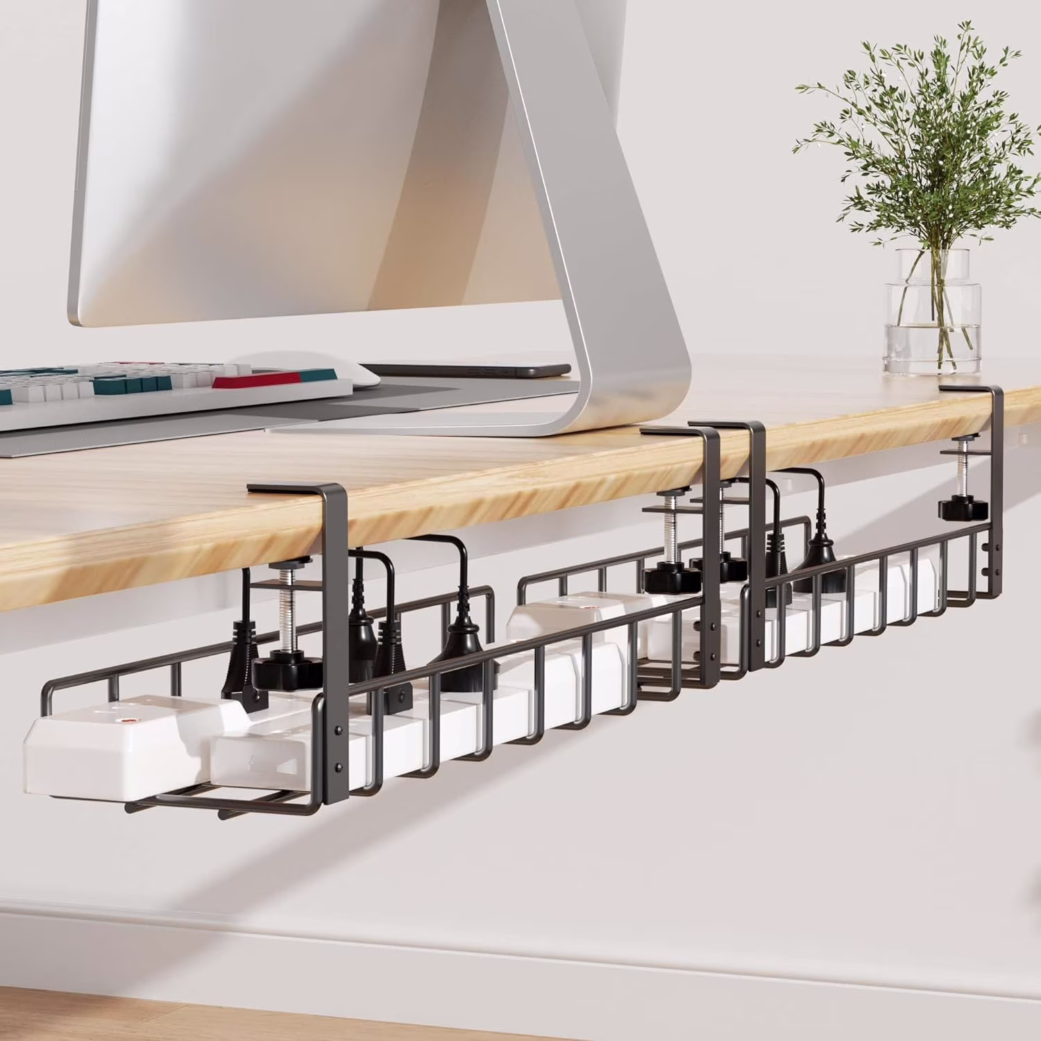 2 Pack Cable Management Under Desk Tray, 31.4" No Drill Under Desk Wire Management with Upgraded Clamp, Metal Cord Organizers for Desk with Cable Organizers, PC Cable Management Rack, Black