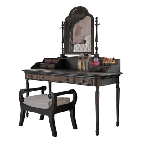 Makeup Table Vanity French Retro Solid Wood Dressing Table, Simple Bedroom Dressing Table, Small Apartment Dressing Table and Chair Combination Vanity Desk