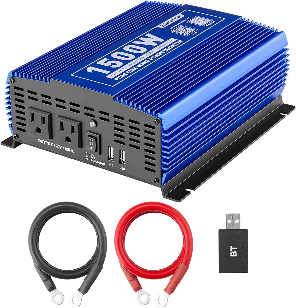 Kinverch 1500W Pure Sine Wave Power Inverter 12V DC to 110V AC Car Inverter with Bluetooth and 2AC Outlets &USB Port for Truck /RV /Home