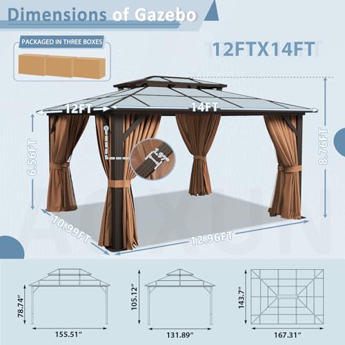 Aoxun 12'x14' Hardtop Gazebo, Aluminum Frame Permanent Pavilion with Curtains and Netting, Outdoor Polycarbonate Double Roof Canopy, Designed for Patio, Garden, Lawns, Brown