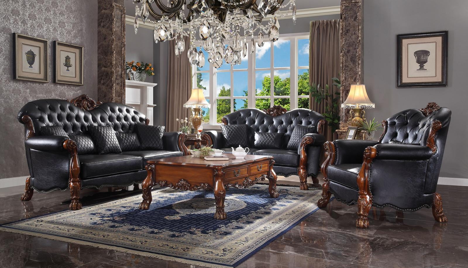 Luxury Vintage Cherry Oak & Black PU Dresden Sofa Set 3 P 58230 ACME Traditional