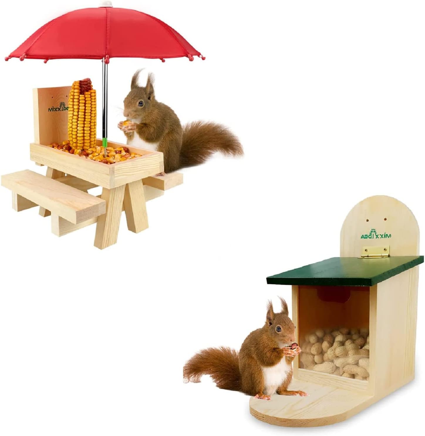 MIXXIDEA Wooden Squirrel Feeder Box,Squirrel Feeders for Outside Garden, Squirrel Feeder Table with Umbrella