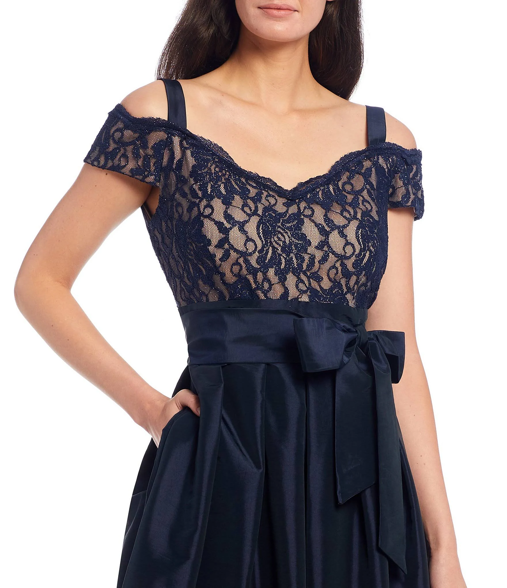 R u0026 M Richards Lace Cold-Shoulder Gown - 12 / Black Taupe