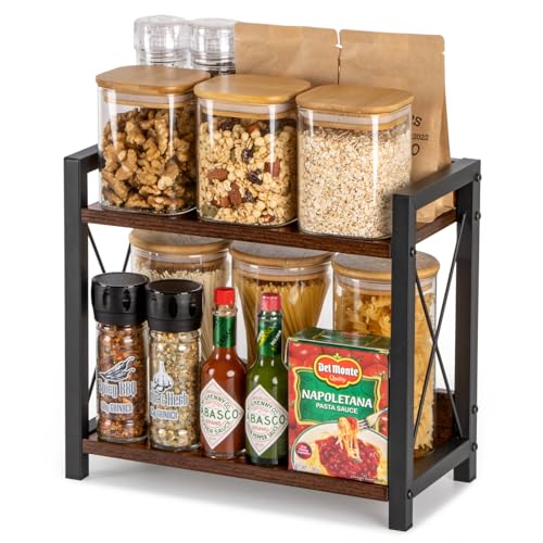 Spice Rack for Countertop, Coffee Countertop Shelf, Wooden Kitchen Counter Organizer, 2 Tier Shelf for Countertop, Small Shelf Organizer for Kitchen, Office, Home - Grey