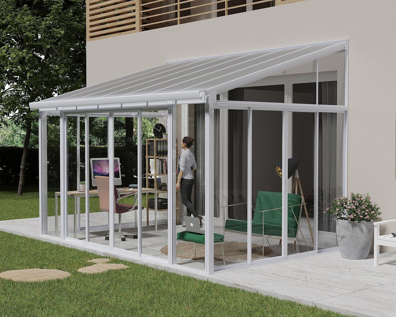 Palram - Canopia SanRemo 10x14 Enclosed Patio Cover Outdoor Canopy, White DIY Sunroom Kit Lean to Gazebo with Walls to Cover Patio Furniture, Deck, & Porch, UV Protected Polycarbonate Shelter