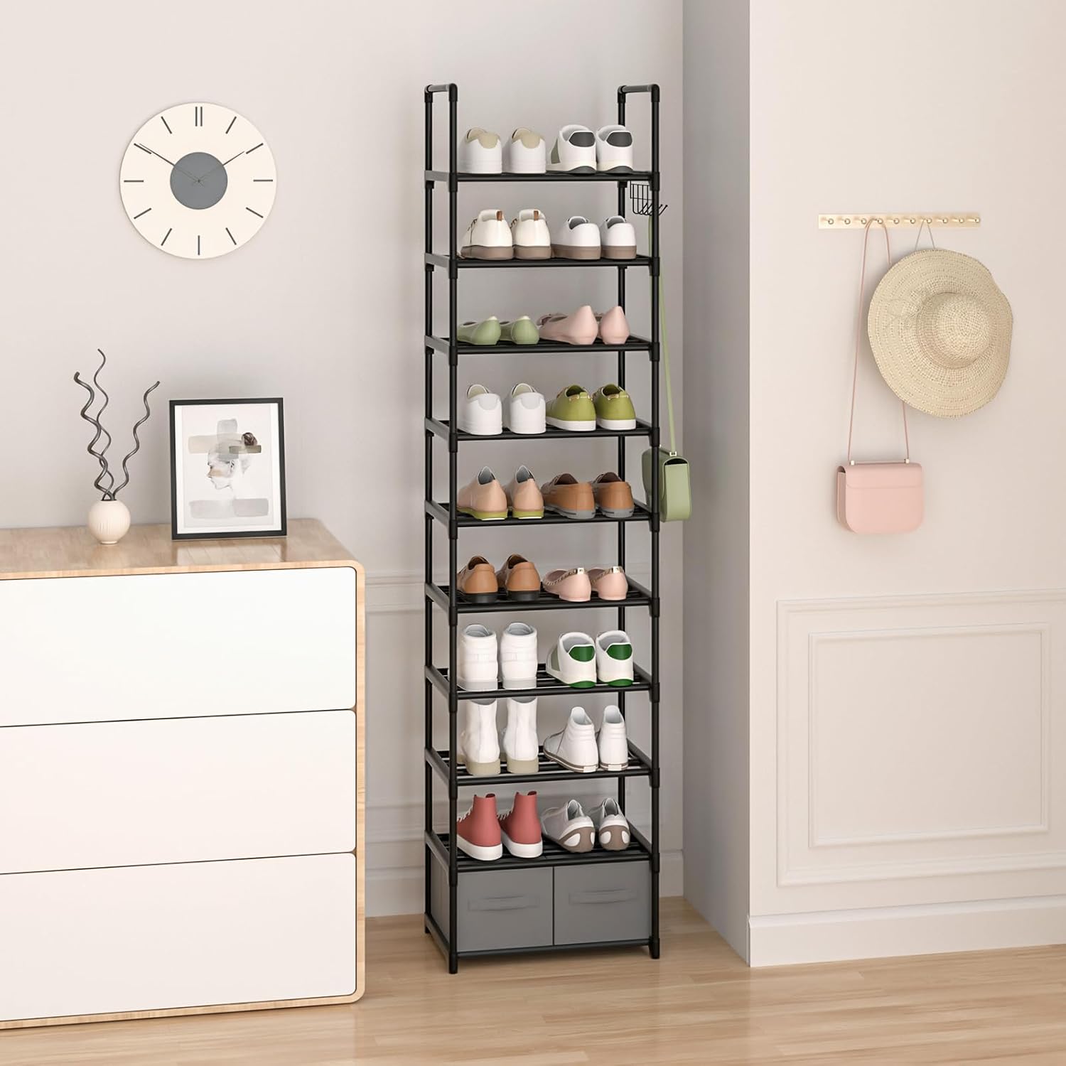 Tall Shoe Rack, 10 Tiers Metal Narrow Shoe Rack Black Shoe Tower Organizer, Vertical Shoe Rack for Small Spaces Closet Entryway Corner, Space Saver Skinny Shoe Shelf with 2 Boxes and 1 Hook