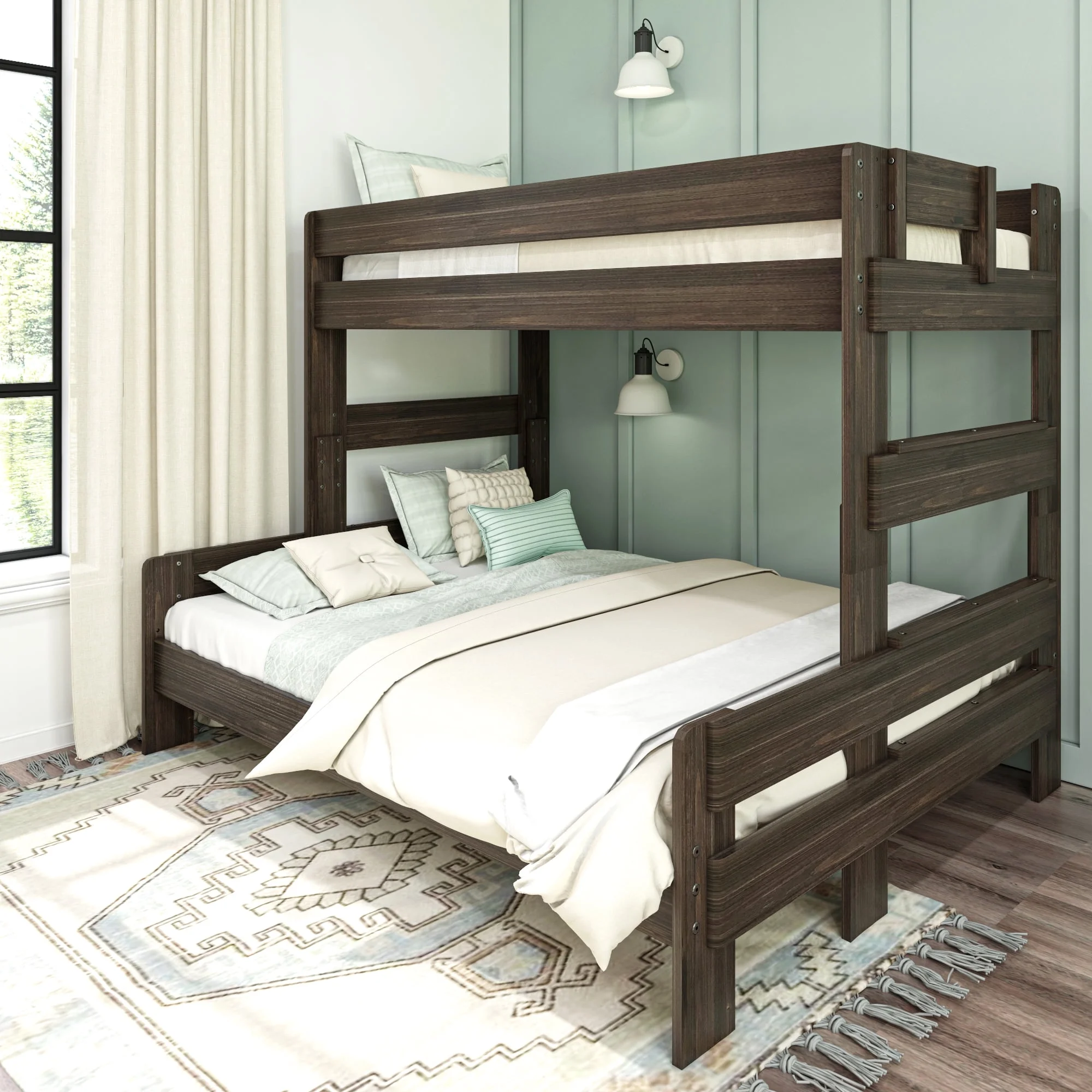 Max & Lily Bunk Bed, Twin XL Over Queen Modern Farmhouse Platform Bed Frame For Kids, Barnwood Brown