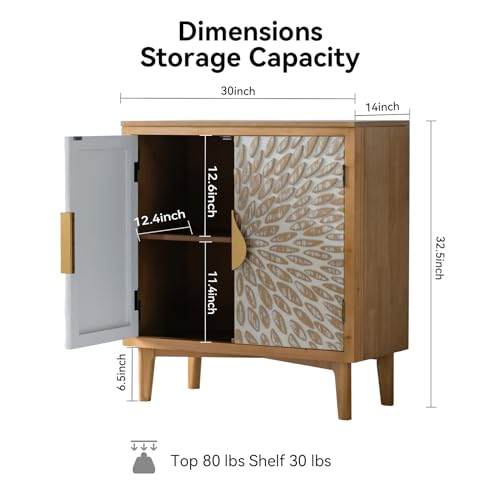 Farmhouse Sideboard with Leaf Design Doors, Decorative Storage Cabinet Freestanding Buffet Sideboard Credenza with Wood Legs for Living Room, Kitchen, Dining, Office and Entryway