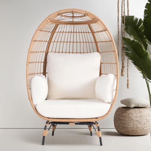 Outdoor Egg Chair, Patio Chairs with 4 Thicken Cushions, Oversized Lounge Chairs with Durable Steel Frame, PE Wicker Chair 440 lbs Capacity, Perfect for Balcony, Backyard, Bedroom-Ivory