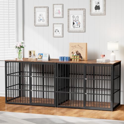 94.48'' Dog Crate Furniture Large Breed TV Stand with Double Rooms for 2 Dogs,Wooden Dog Kennel Dog Crate End Table with Removable Divider for Large Medium Dogs, Can Use Separately