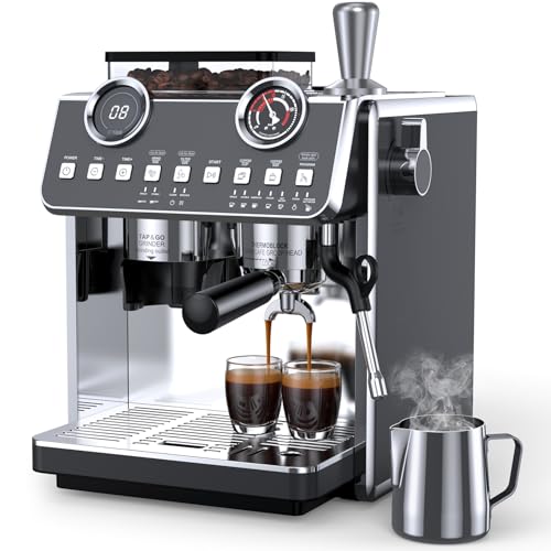 Espresso Machine with Grinder, 20 Bar Pressure Professional Espresso Maker with 30 Grinding Settings, 58mm Portafilte, Anti-scalding Milk Frother Steam Wand for Latte Cappuccino (Stainless Steel)