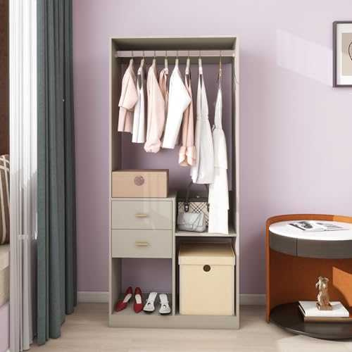 Wooden Closet System Wardrobe: Walk-in Closet Systems Wall Mount Closet with 4 Drawers and Shelves Clothes Storage Closet with 2 Hanging Rods 63