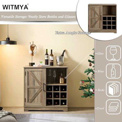 Farmhouse Coffee Bar Cabinet Bar Cabinet with Wine Rack Barn Door Buffet Sideboard Cabinet with Drawer, Adjustable Storage Shelves, Wooden Cabinet for Kitchen, Living Room, Dining Room (Gray Wash)