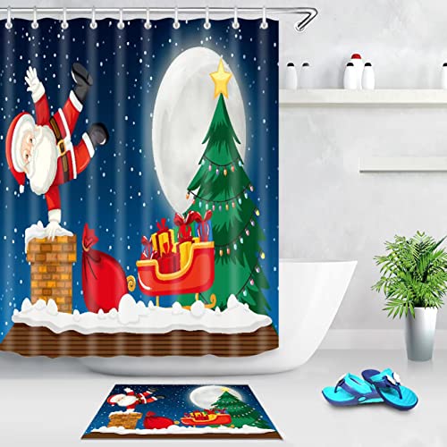 ALIBBON Christmas Shower Curtain, Snowman Santa Waterproof Bath Curtain, Snow Scenery Shower Curtains for Bathroom, Holiday Blue Cloth Fabric Shower Curtains with Hooks for Bathroom Decor 71